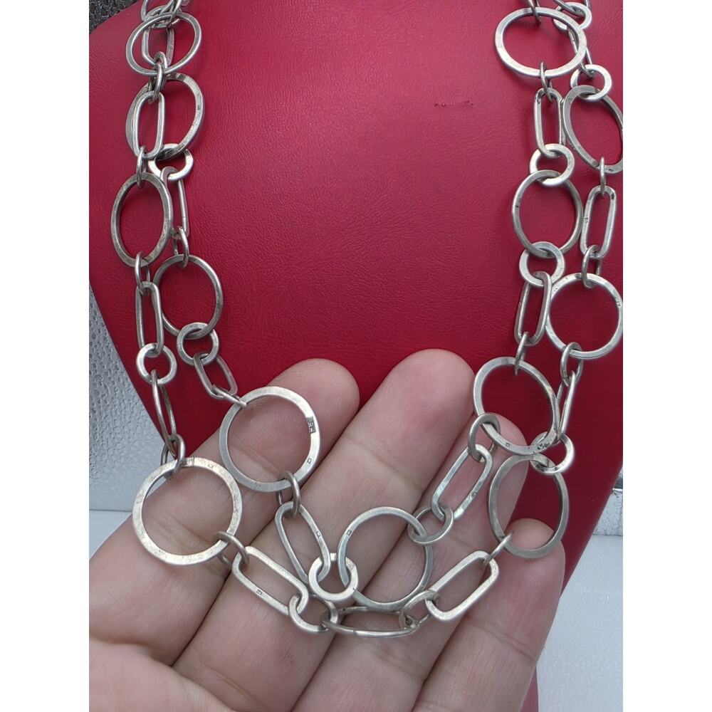 VINTAGE STERLING SILVER 925 CIRCLE LINK SIGNED NECKLACE 38" INCH LONG